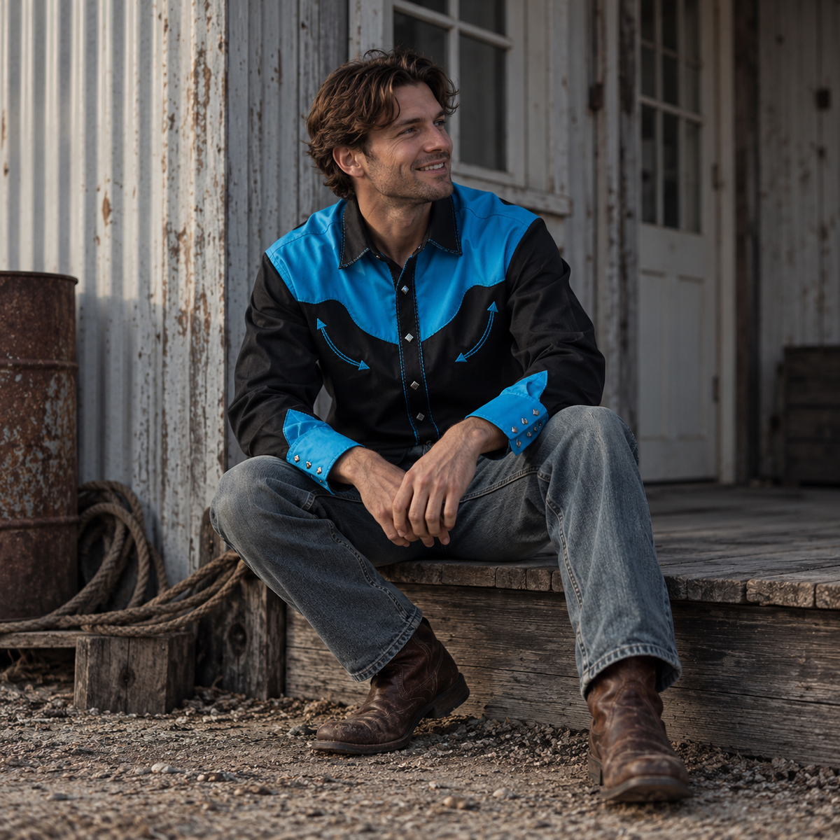 Men’s Classic Black & Blue Retro Western Snap Shirt