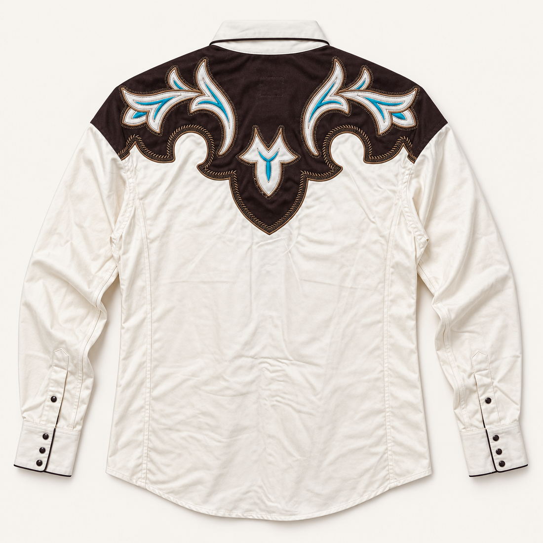 Men’s Cream & Brown Embroidered Retro Western Snap Shirt