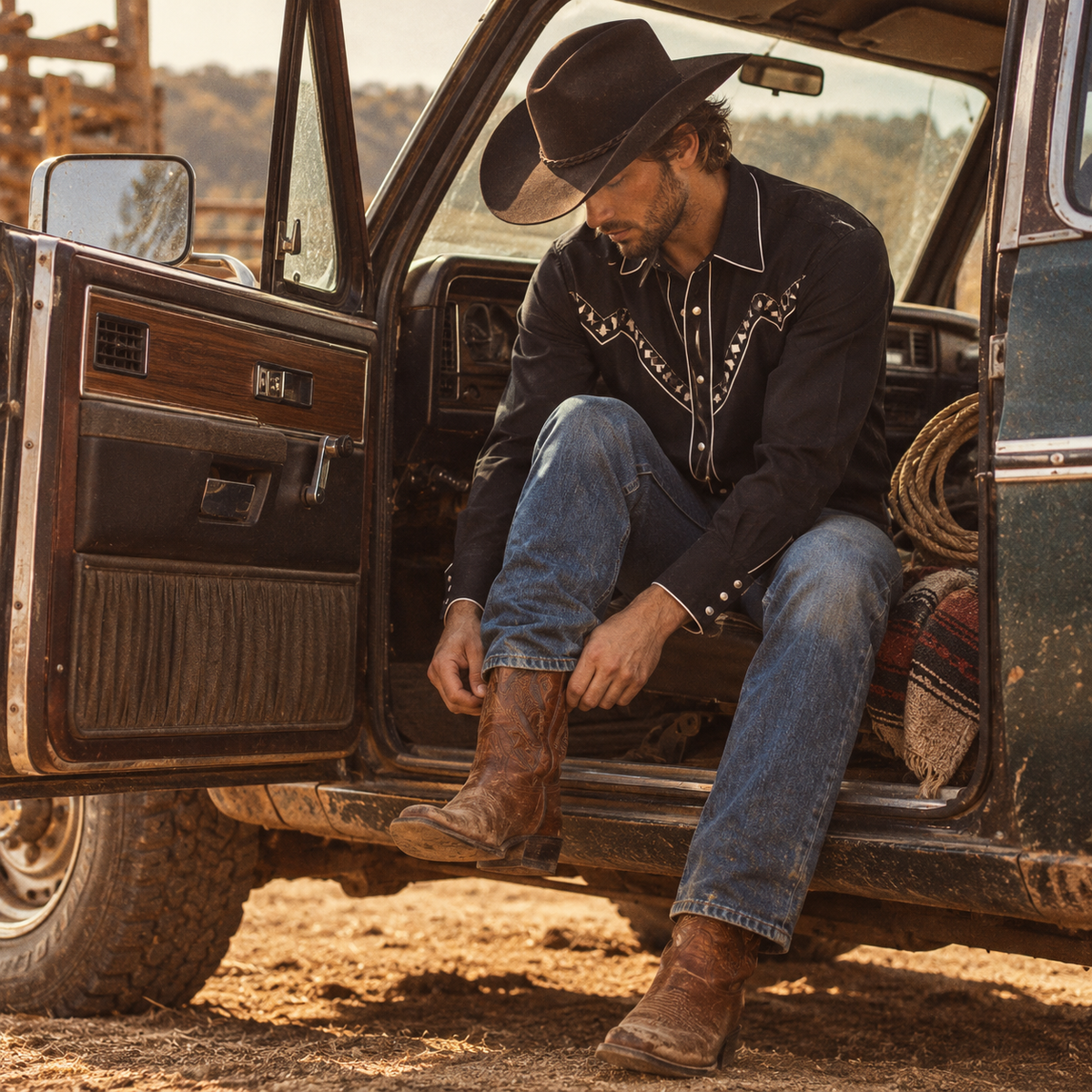Men’s Classic Black Geometric Embroidered Western Snap Shirt