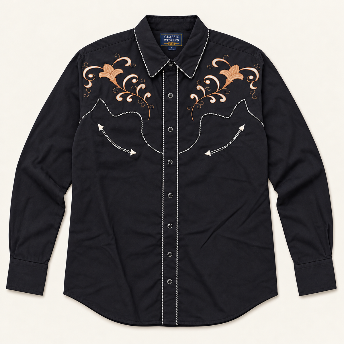 Men’s Classic Black Floral Embroidered Retro Western Snap Shirt