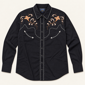 Men’s Classic Black Floral Embroidered Retro Western Snap Shirt