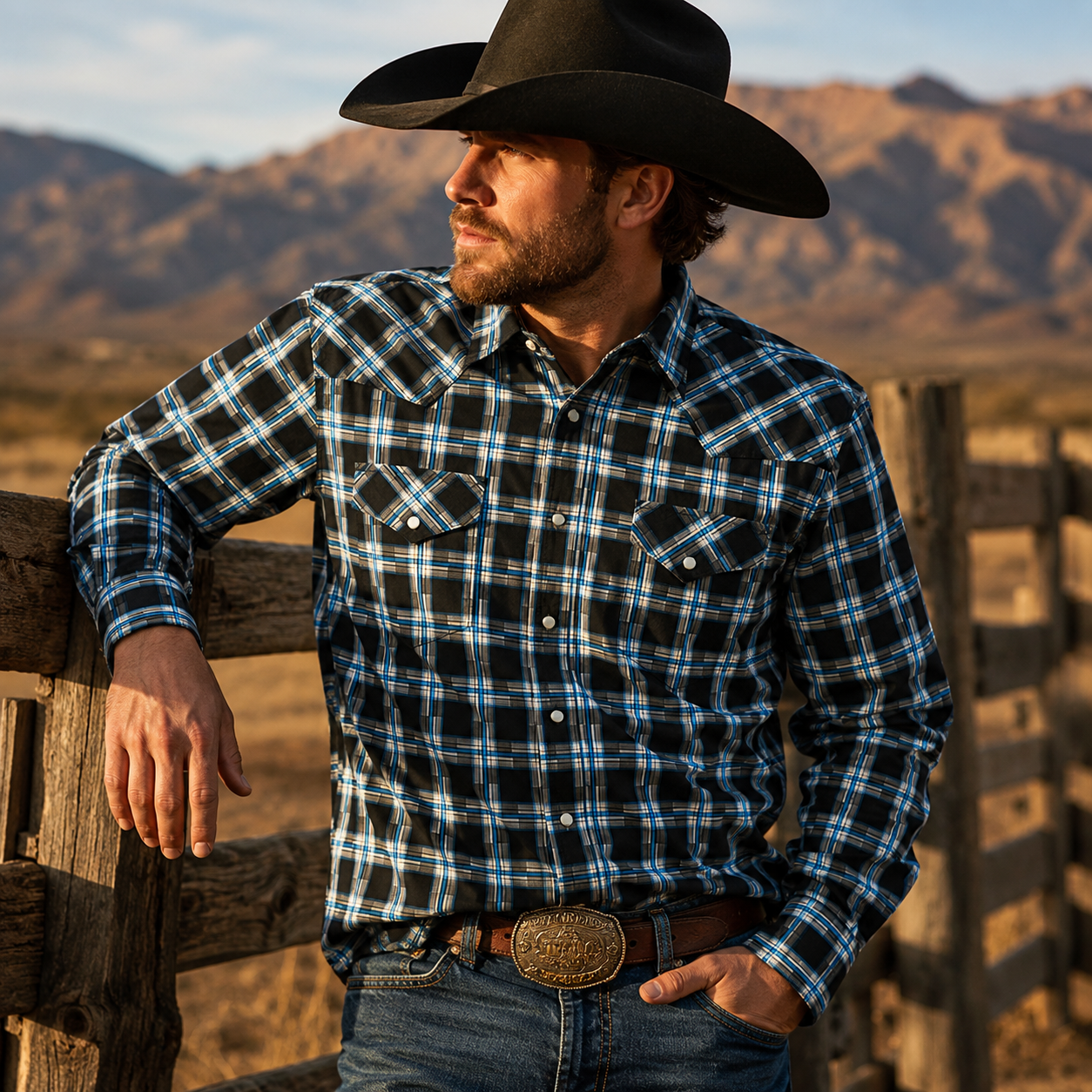 Cowboy Legend Men's Black & Electric Blue Plaid Western Shirt