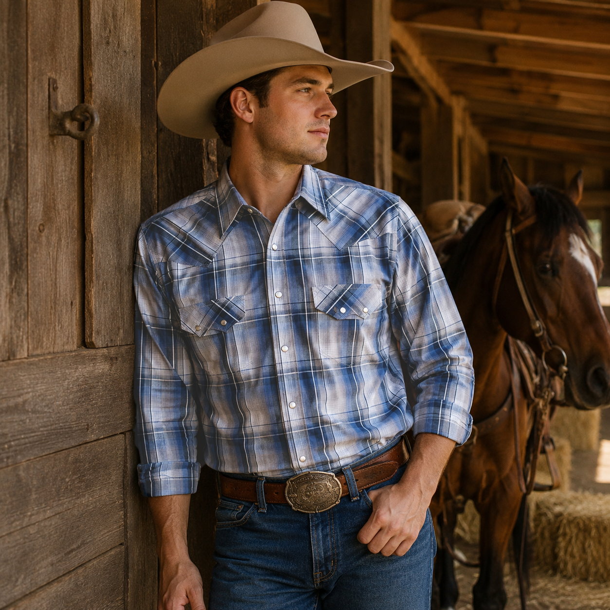 Men's Blue & Grey Plaid Long Sleeve Western Snap Shirt