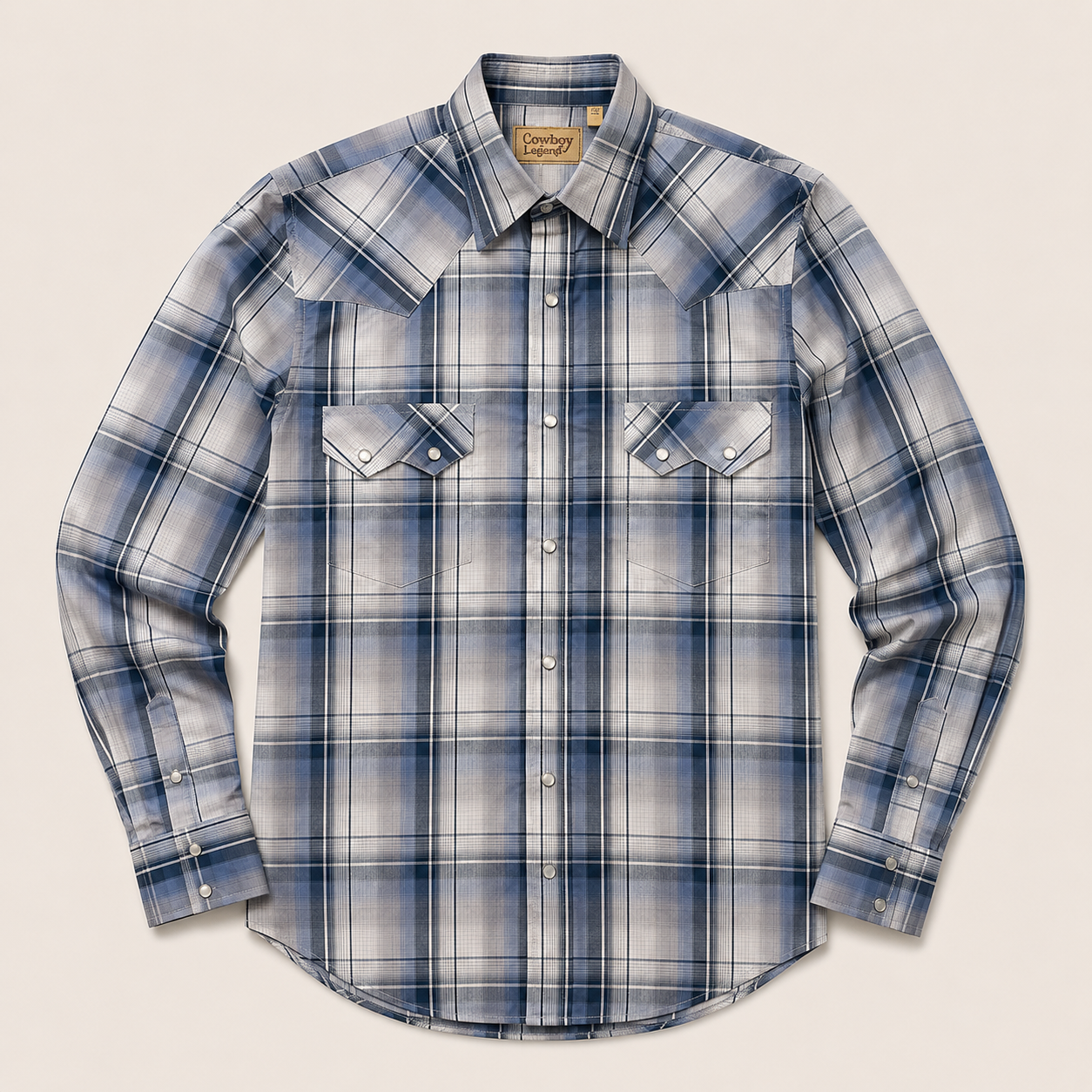 Men's Blue & Grey Plaid Long Sleeve Western Snap Shirt