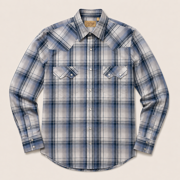 Men's Blue & Grey Plaid Long Sleeve Western Snap Shirt