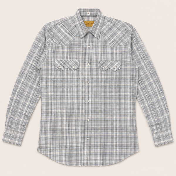 Cowboy Legend Men's Light Grey Plaid Pearl Snap Western Shirt