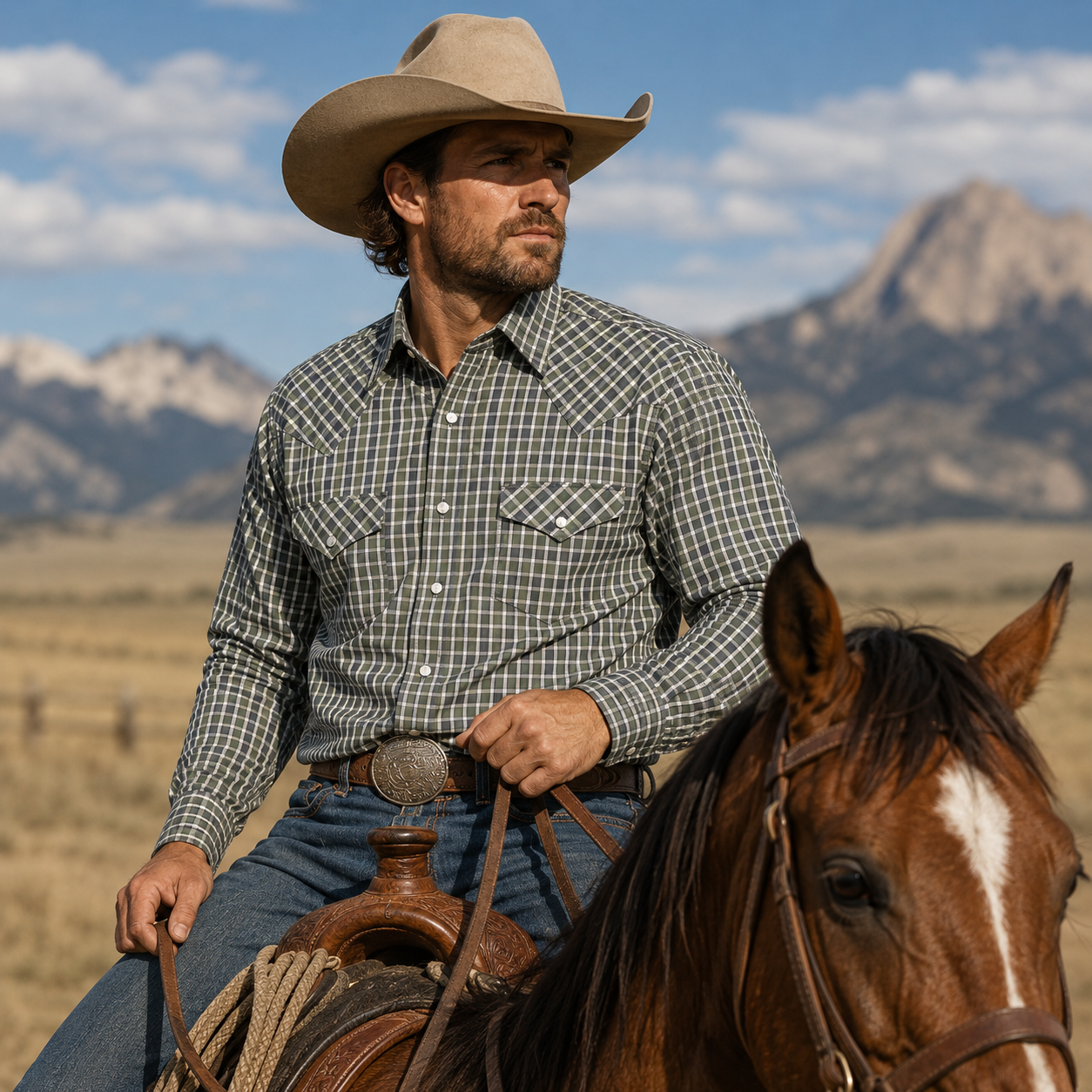Cowboy Legend Men's Green Plaid Pearl Snap Western Shirt