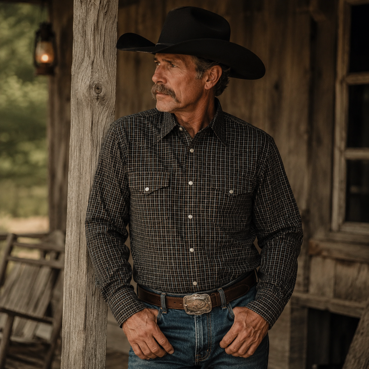 Cowboy Legend Men's Black Micro Plaid Pearl Snap Western Shirt