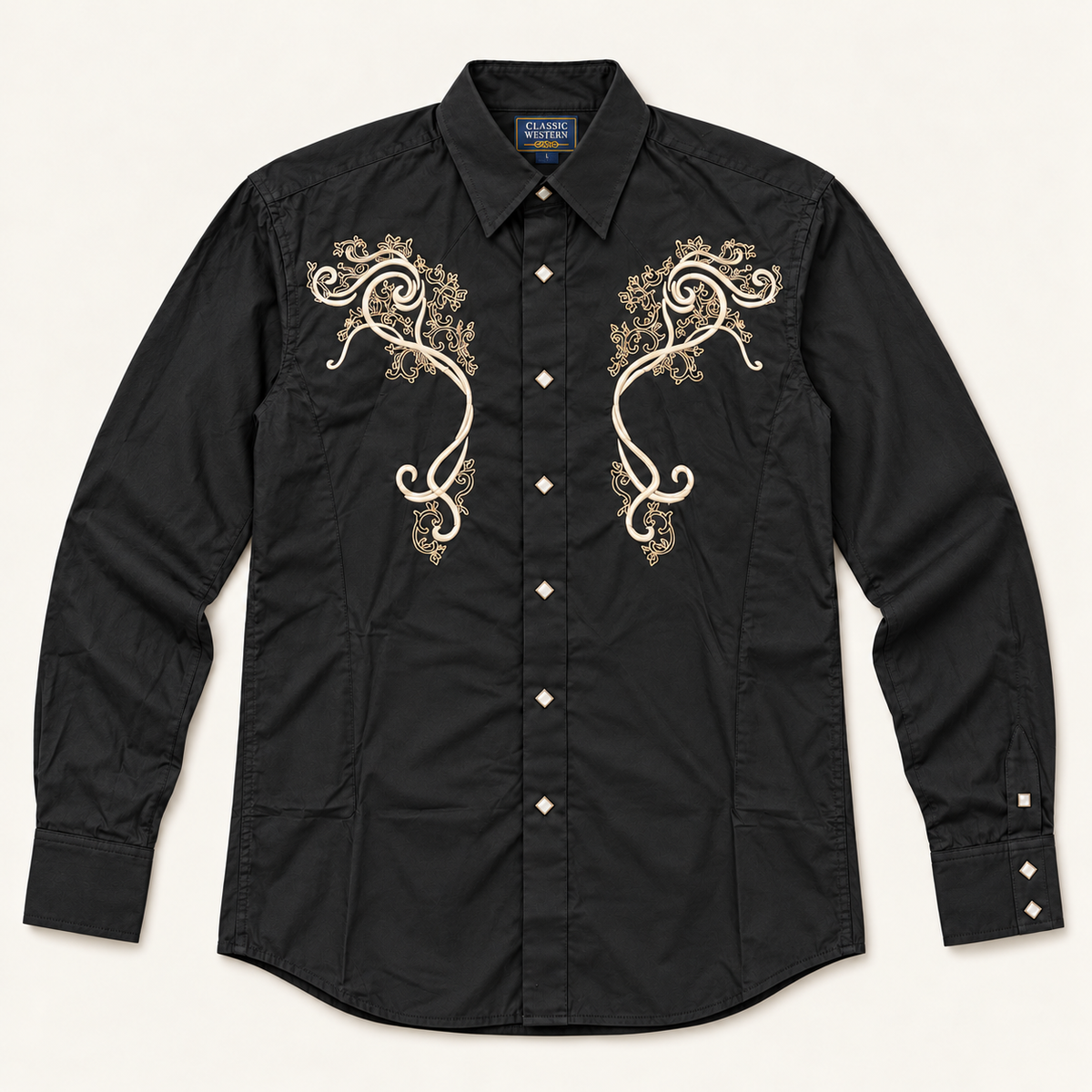 Men’s Classic Black Scroll & Cross Embroidered Western Snap Shirt