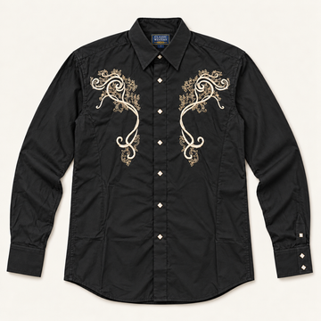 Men’s Classic Black Scroll & Cross Embroidered Western Snap Shirt