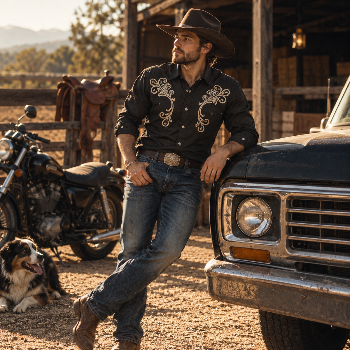 Men’s Classic Black Scroll & Cross Embroidered Western Snap Shirt