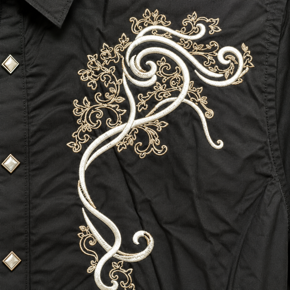 Men’s Classic Black Scroll & Cross Embroidered Western Snap Shirt