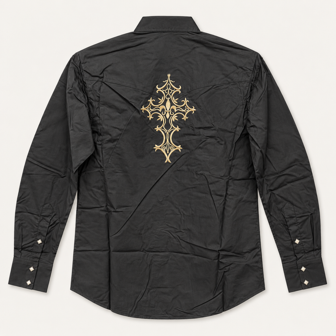 Men’s Classic Black Scroll & Cross Embroidered Western Snap Shirt