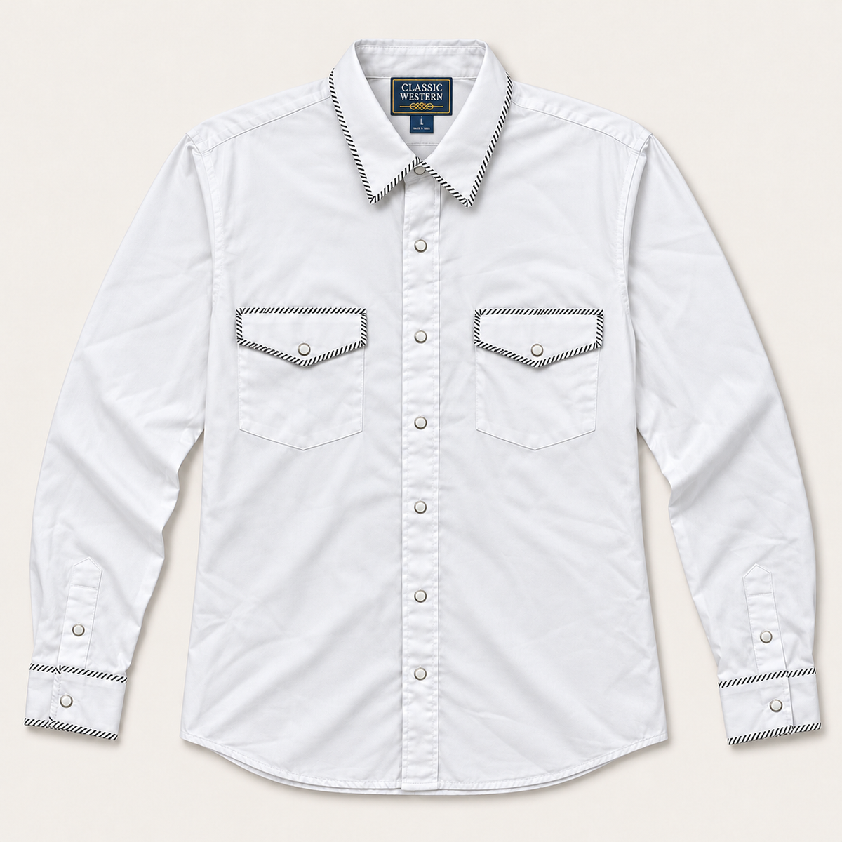 Men’s Classic White Western Snap Shirt with Black & White Piping