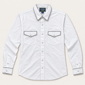Men’s Classic White Western Snap Shirt with Black & White Piping
