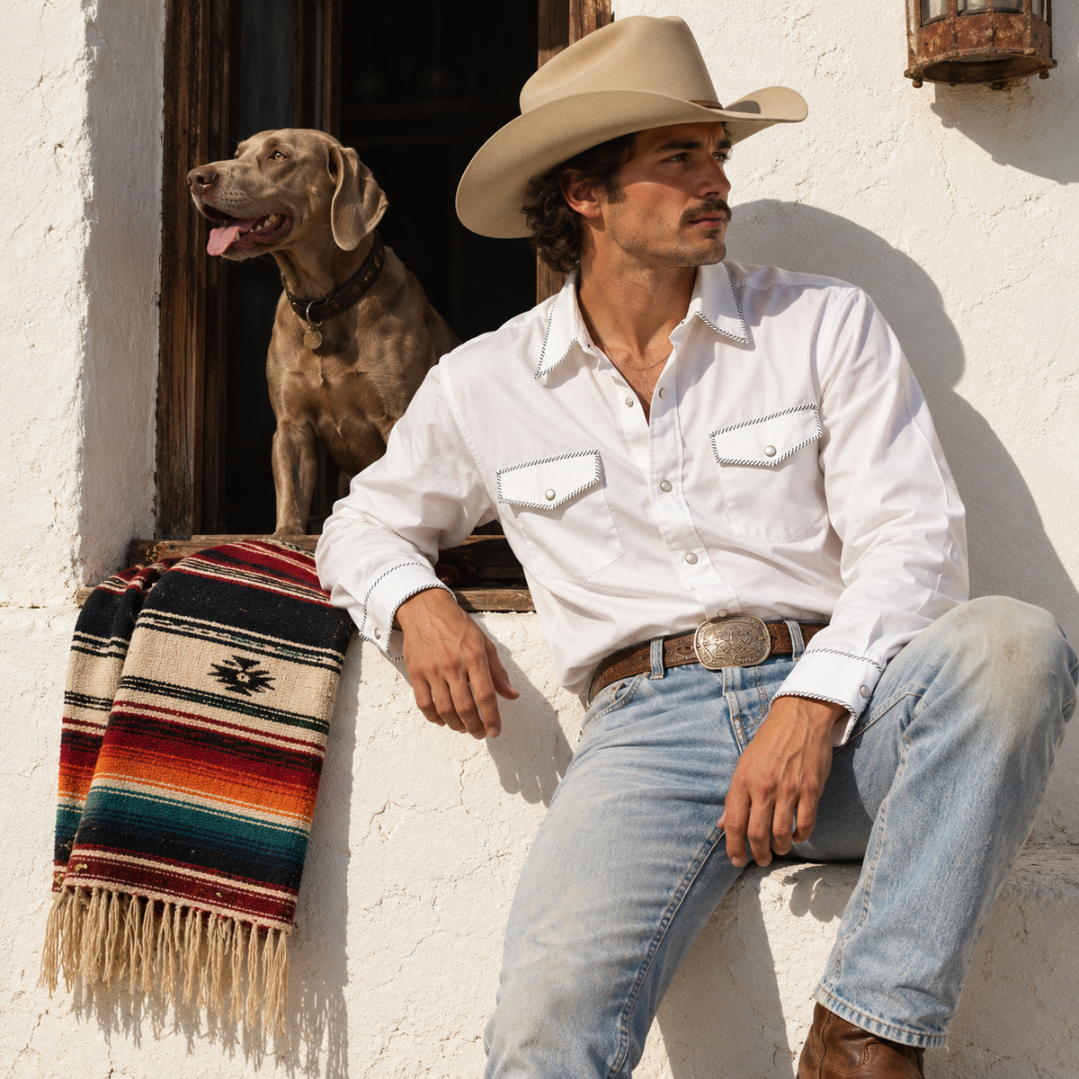 Men’s Classic White Western Snap Shirt with Black & White Piping