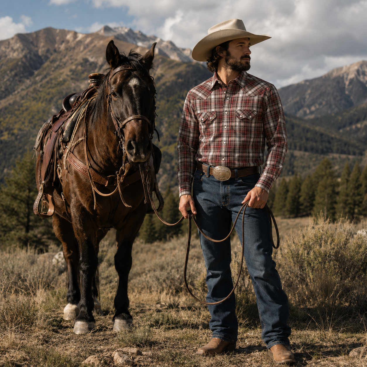 Cowboy Legend Men's Vintage Red & Brown Plaid Pearl Snap Western Shirt