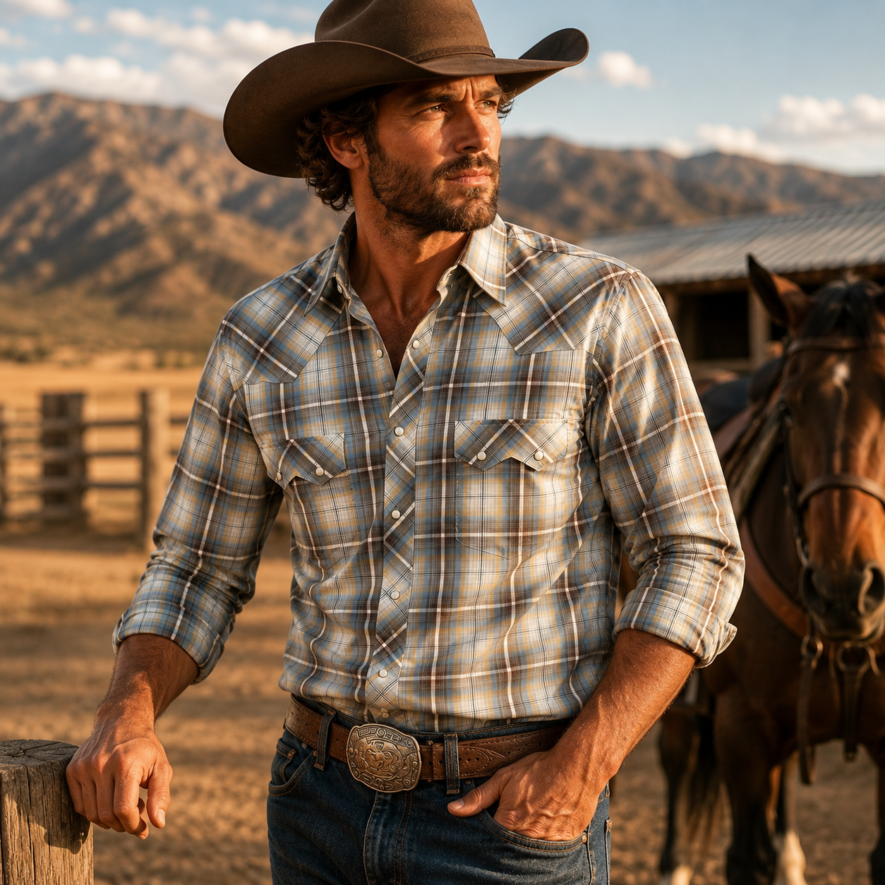 Cowboy Legend Men's Desert Sky Plaid Pearl Snap Western Shirt