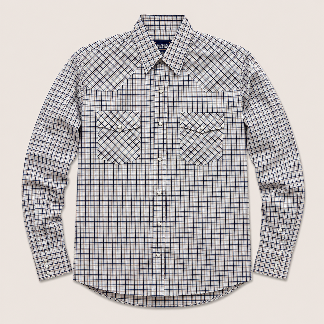 Men's Cream & Navy Plaid Long Sleeve Cowboy Western Snap Shirt
