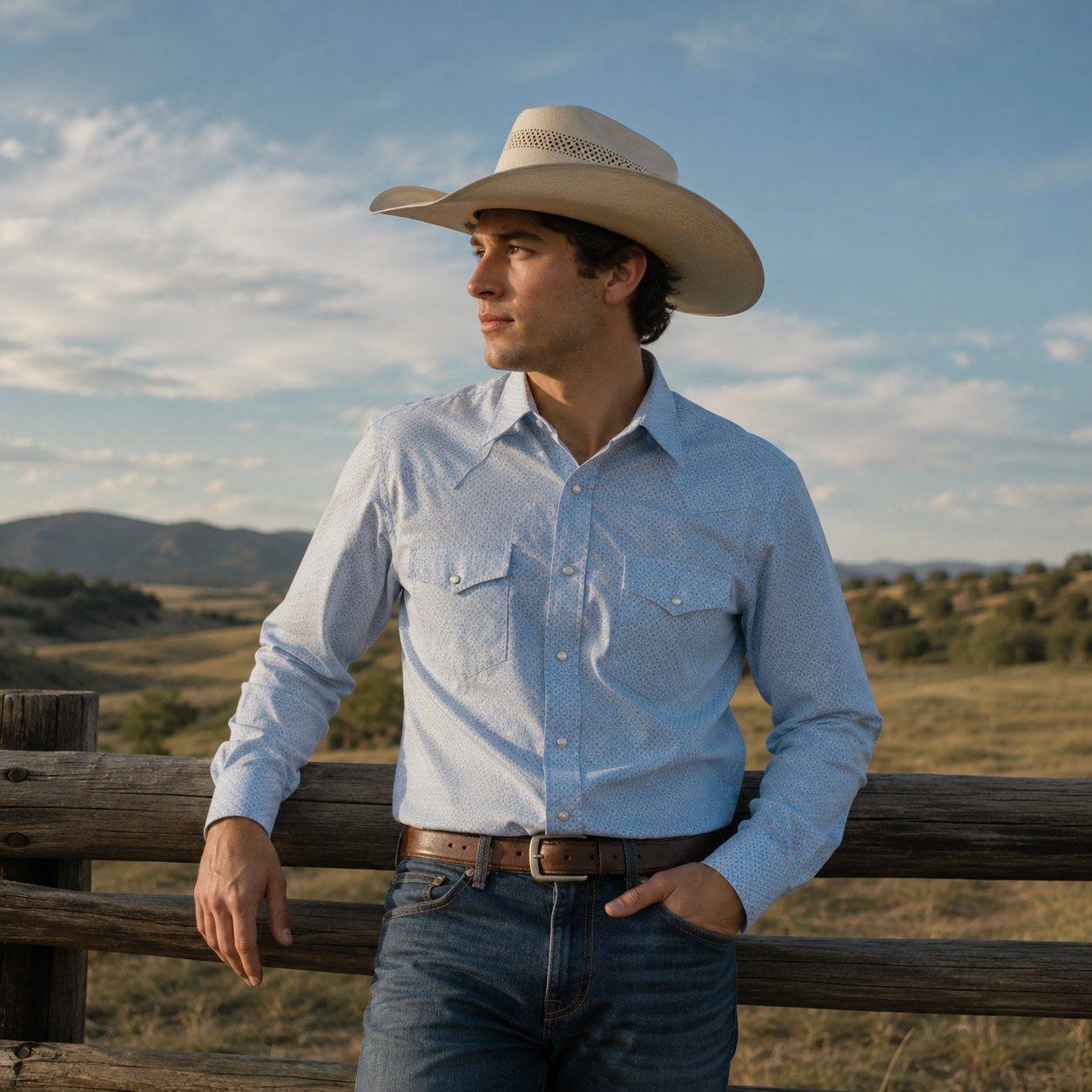 Cowboy Legend Men's Light Blue Micro Check Western Shirt