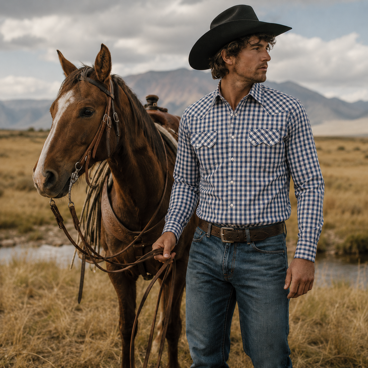 Cowboy Legend Men's Blue Gingham Pearl Snap Western Shirt