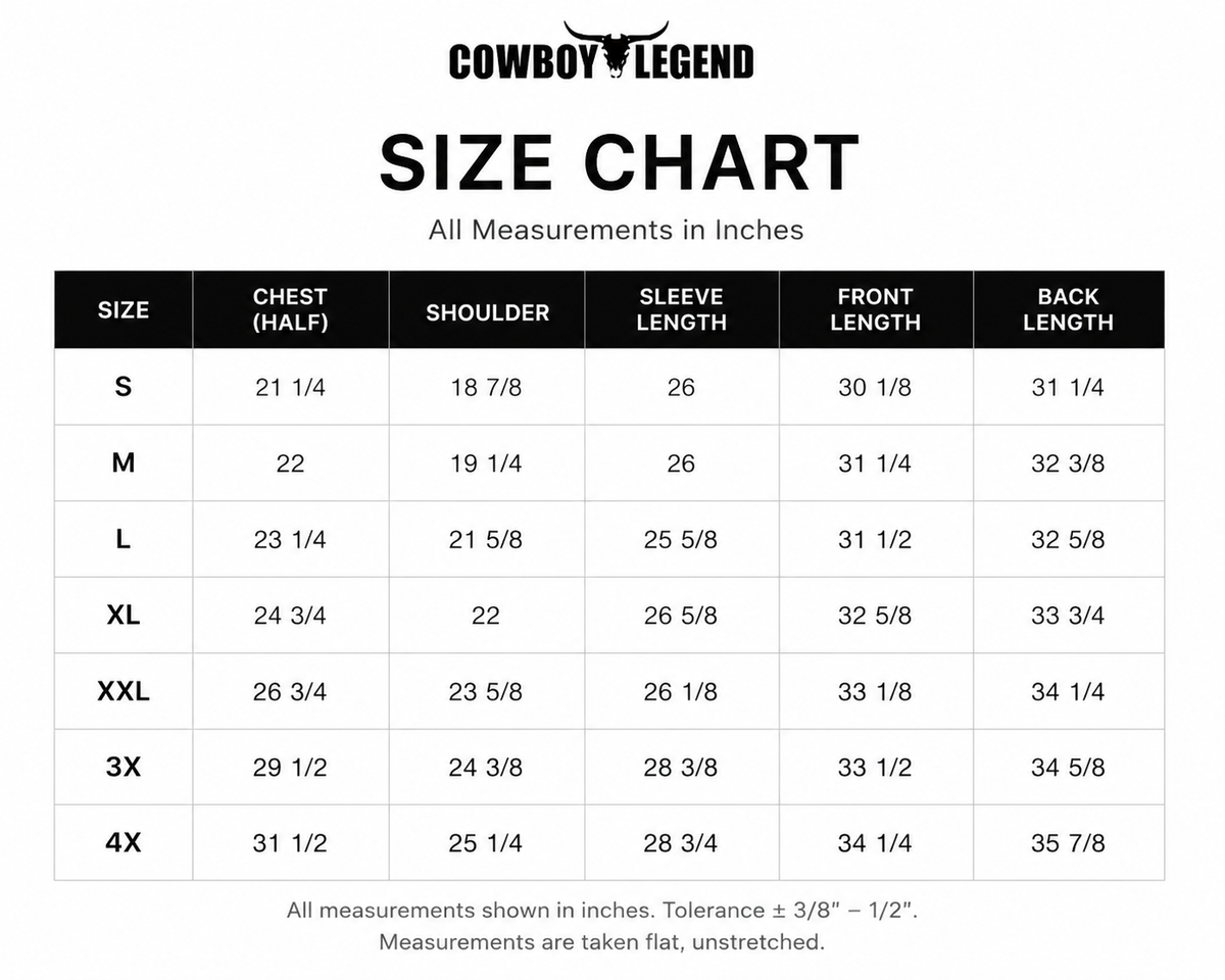 Cowboy Legend clothing size chart