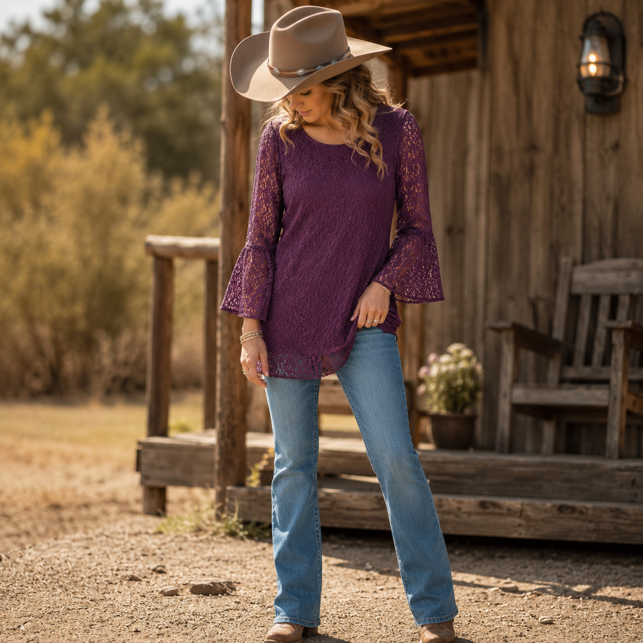 Ladies Wine Vintage Lace Bell Sleeve Tunic Top