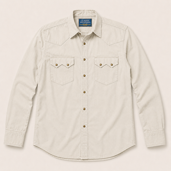 Men's Ecru Solid Long Sleeve Cowboy Western Snap Shirt