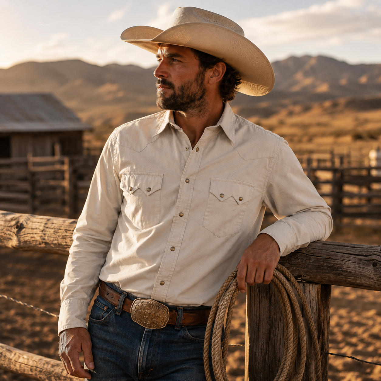 Classic Western Men's Ecru Solid Western Snap Shirt