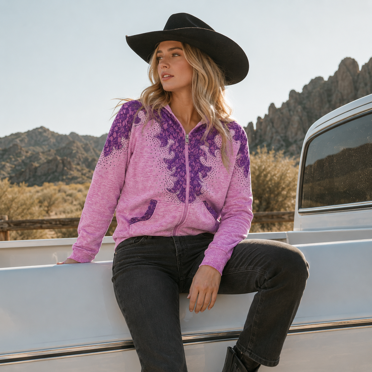 Ladie's Lace Detail Rhinestone Hoodie