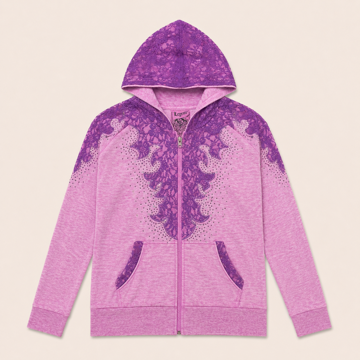 Ladie's Lace Detail Rhinestone Hoodie