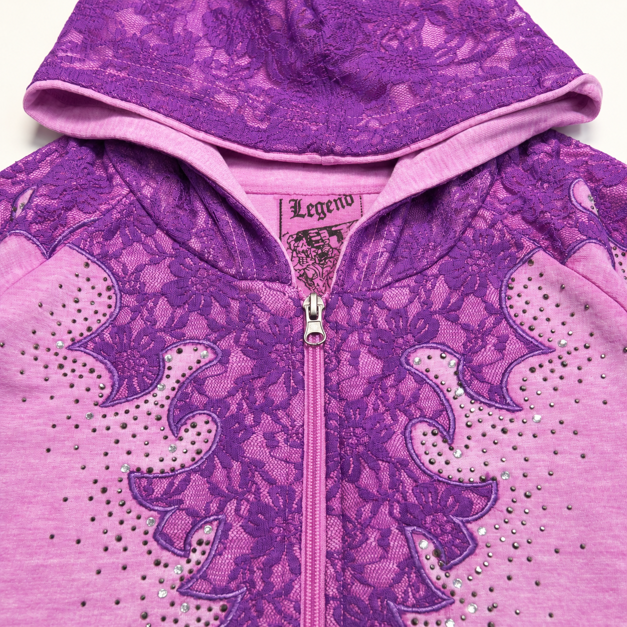 Ladie's Lace Detail Rhinestone Hoodie