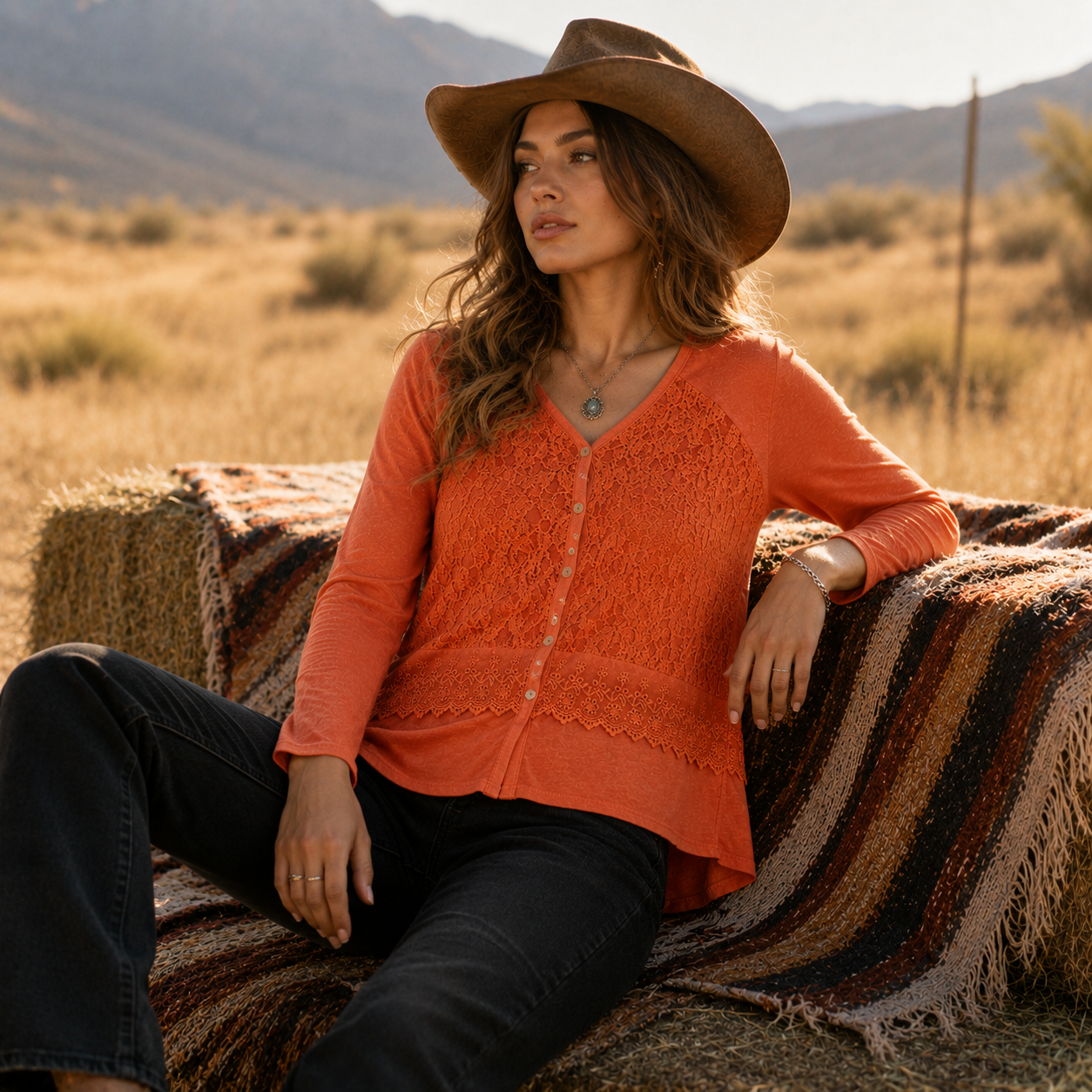 Ladie's Sunset Lace Button Top