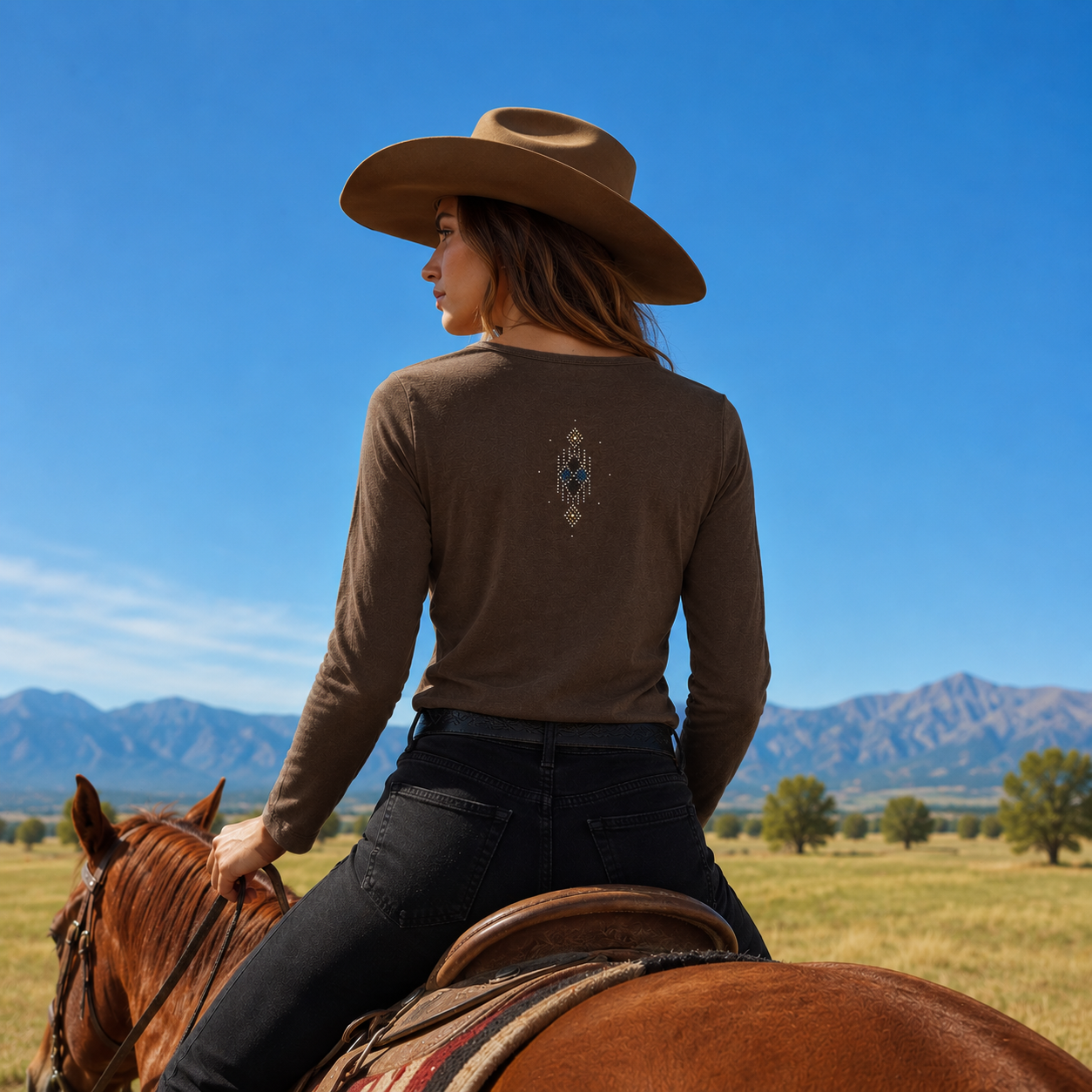 Ladie's Southwestern Rhinestone Long Sleeve Top