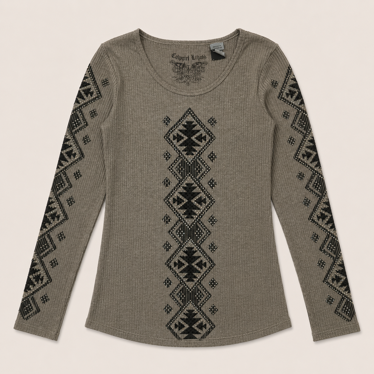 Ladie's Ribbed Aztec Print Long Sleeve Top