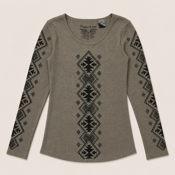 Ladie's Ribbed Aztec Print Long Sleeve Top