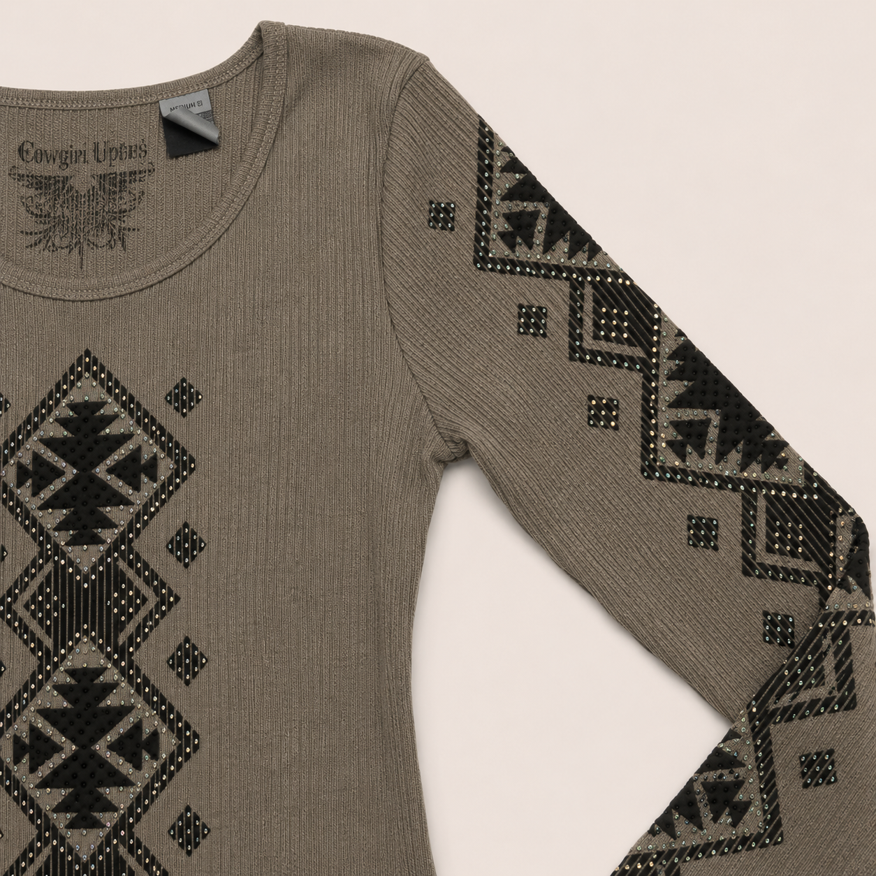 Ladie's Ribbed Aztec Print Long Sleeve Top