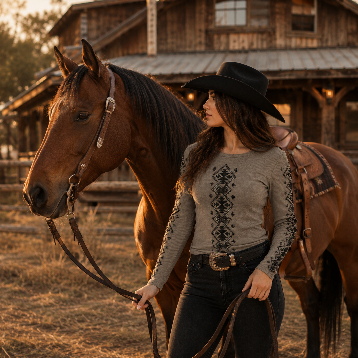Ladie's Ribbed Aztec Print Long Sleeve Top