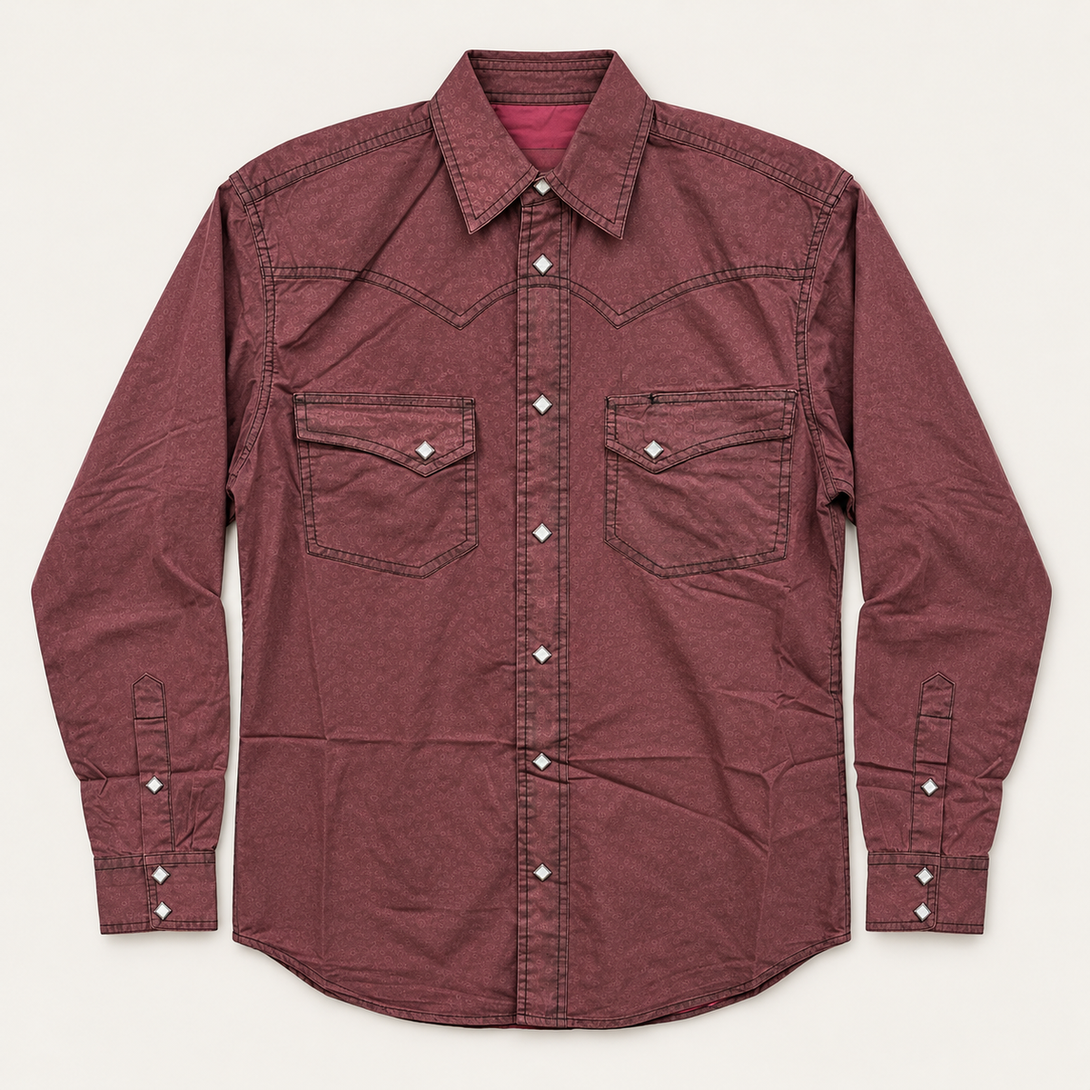 Men’s Burgundy Geometric Print Cowboy Western Snap Shirt