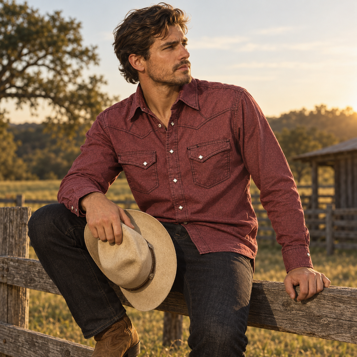 Men’s Burgundy Geometric Print Cowboy Western Snap Shirt