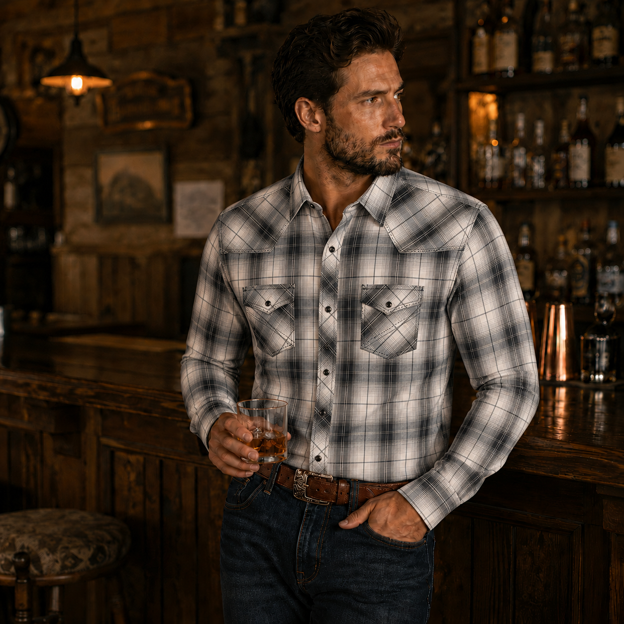 Cowboy Legend Men's Black & White Plaid Pearl Snap Western Shirt