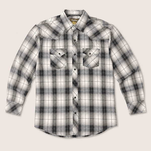 Cowboy Legend Men's Black & White Plaid Pearl Snap Western Shirt