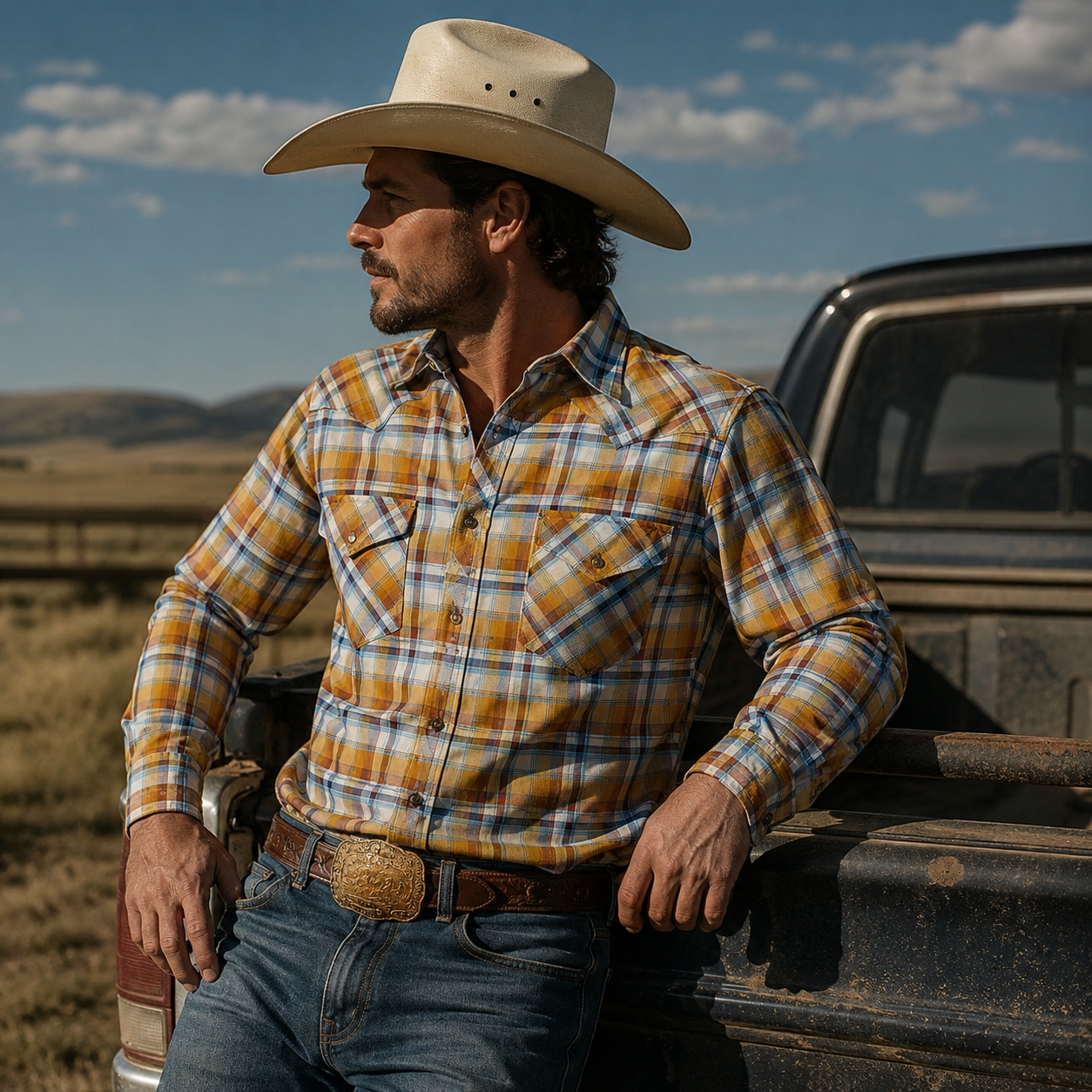 Cowboy Legend Men's Sunset Gold Plaid Pearl Snap Western Shirt