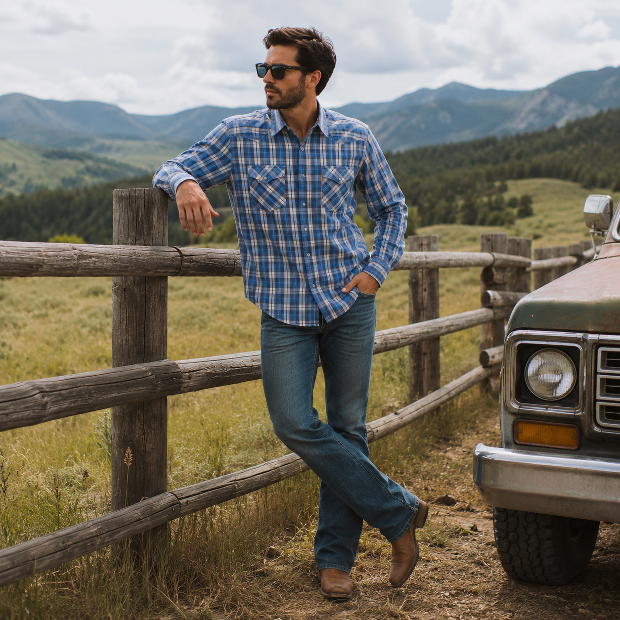 Cowboy Legend Men's Blue Shadow Plaid Pearl Snap Western Shirt