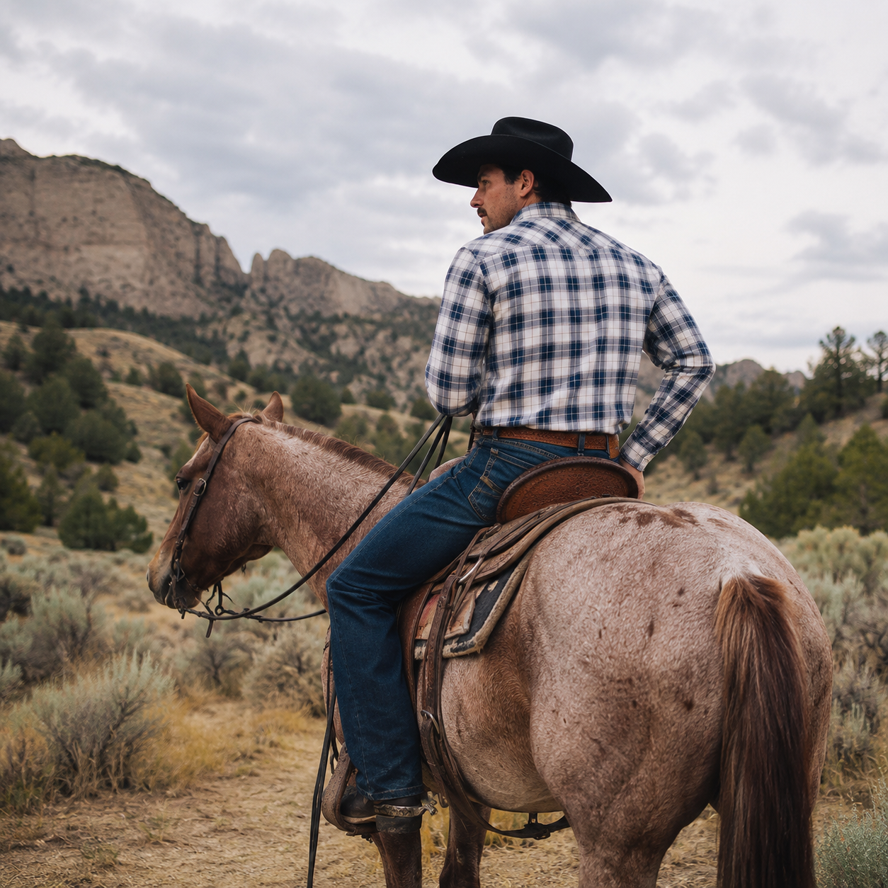 Cowboy Legend Men's Navy Plaid Pearl Snap Western Shirt