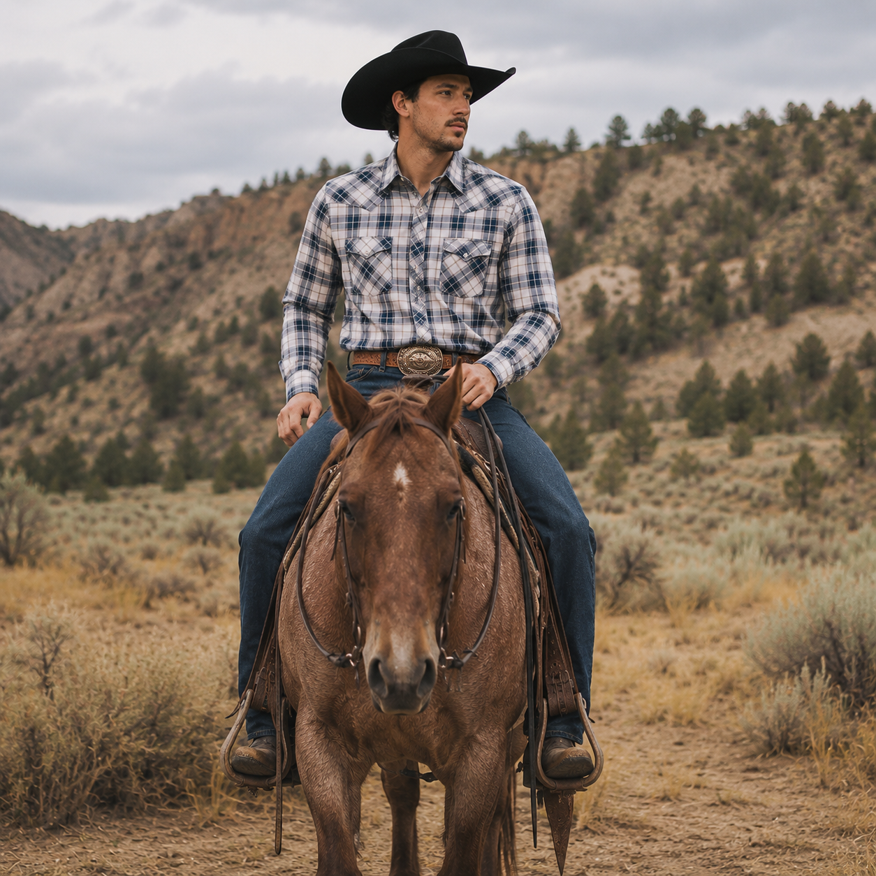 Cowboy Legend Men's Navy Plaid Pearl Snap Western Shirt