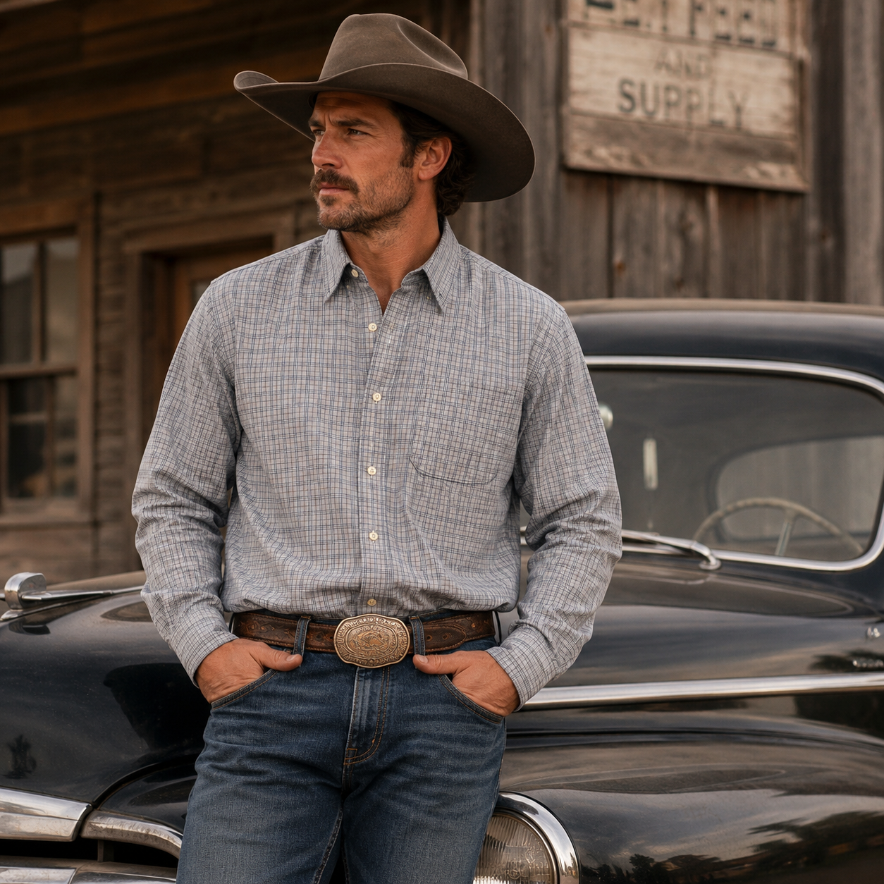 Men’s Grey Plaid Long Sleeve Cowboy Western Button Down Shirt