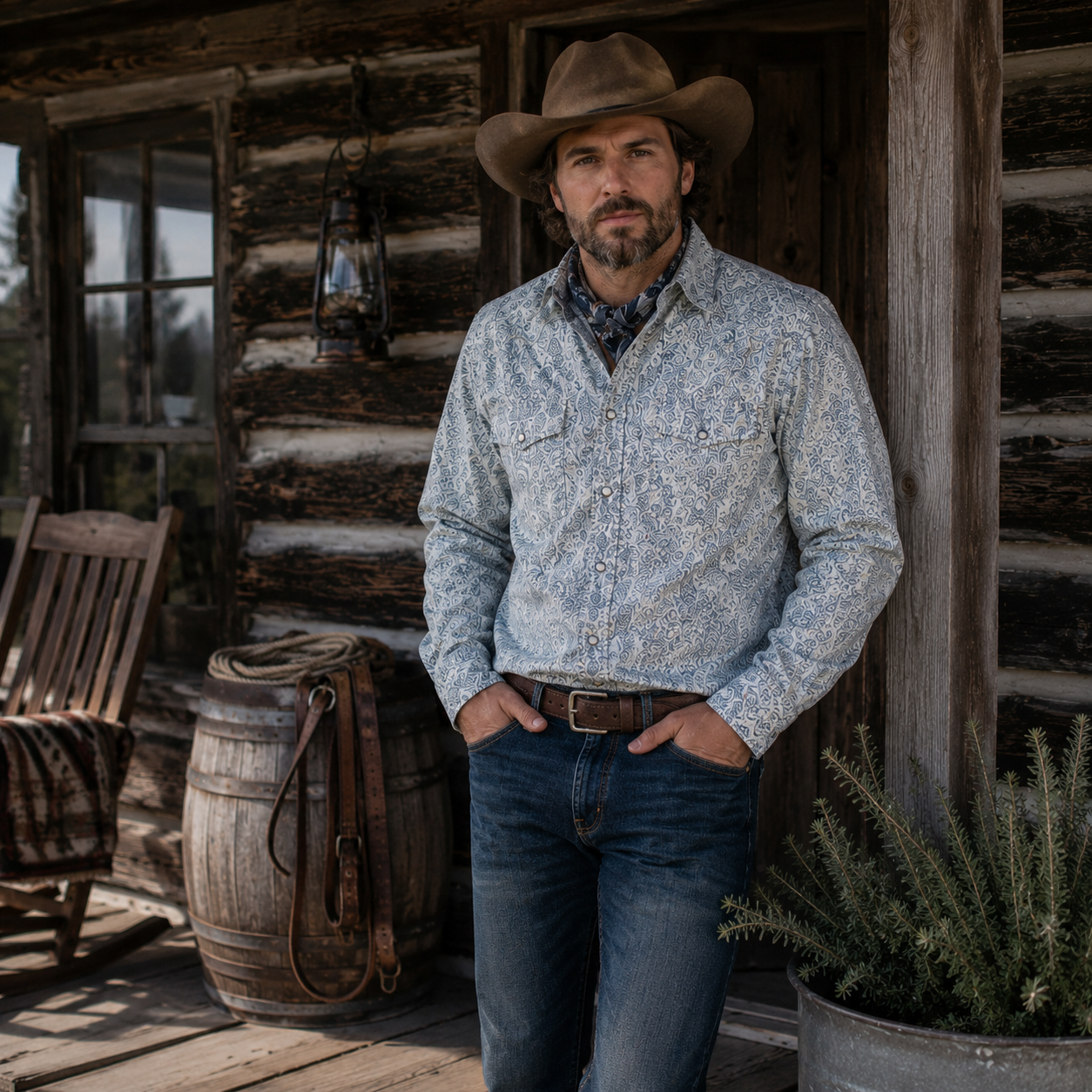 Cowboy Legend Men's Light Blue Paisley Pearl Snap Western Shirt
