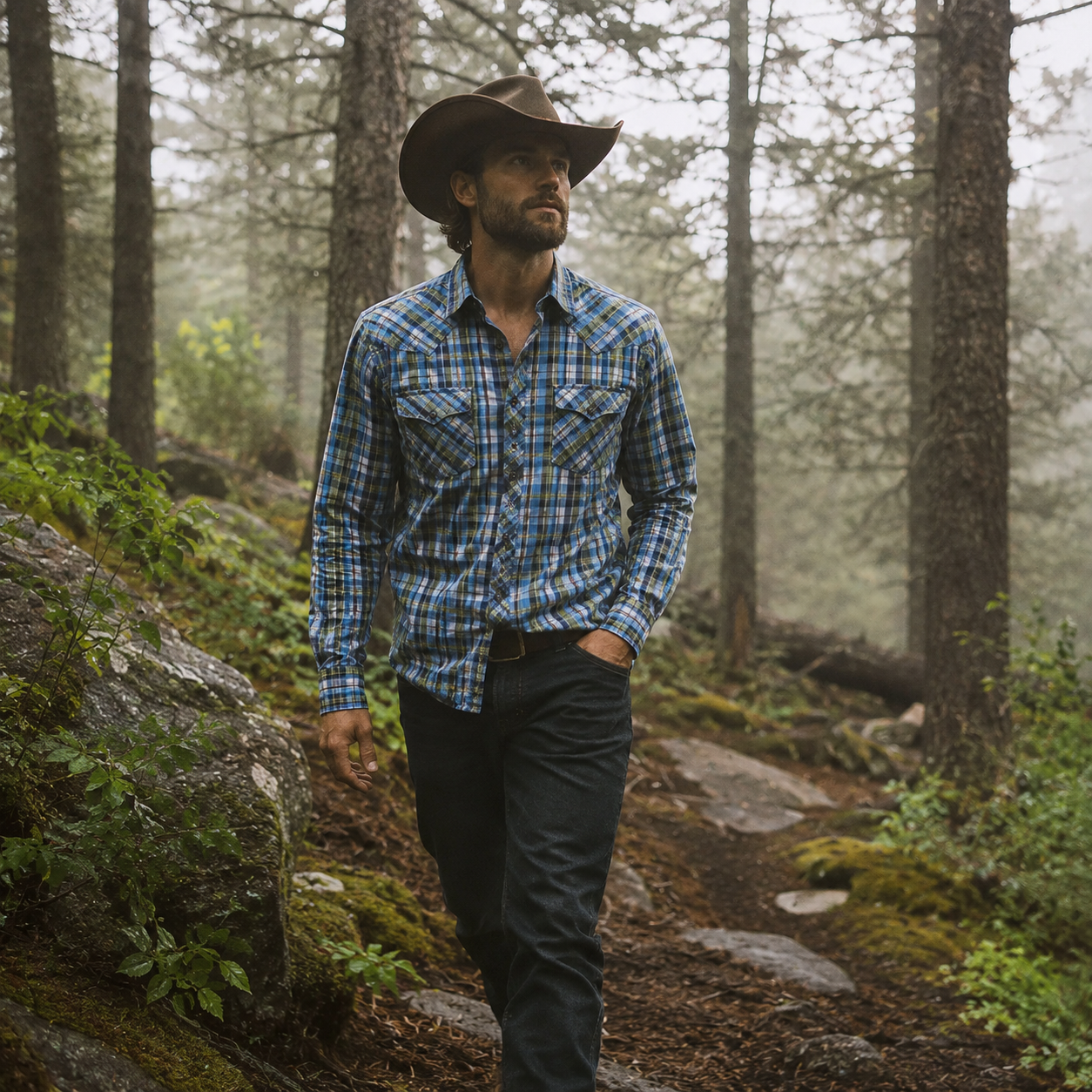 Cowboy Legend Men's Blue Green Plaid Pearl Snap Western Shirt