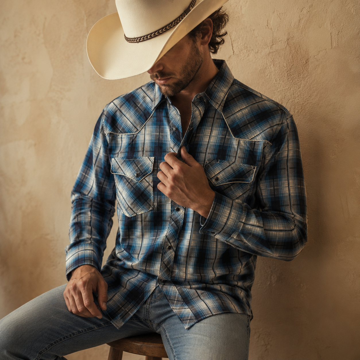 Men's Blue Plaid Long Sleeve Cowboy Western Snap Shirt